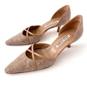 MANOLO BLAHNIK | Vintage Retro D’Orsay Beige Woven Pointed Kitten Heel Pumps 41